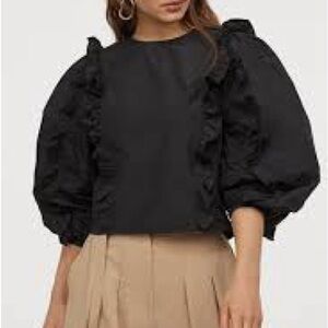 🆕 H&M Women’s Black Flounced Taffeta Blouse Ruffle Long Sleeve Size US 8
